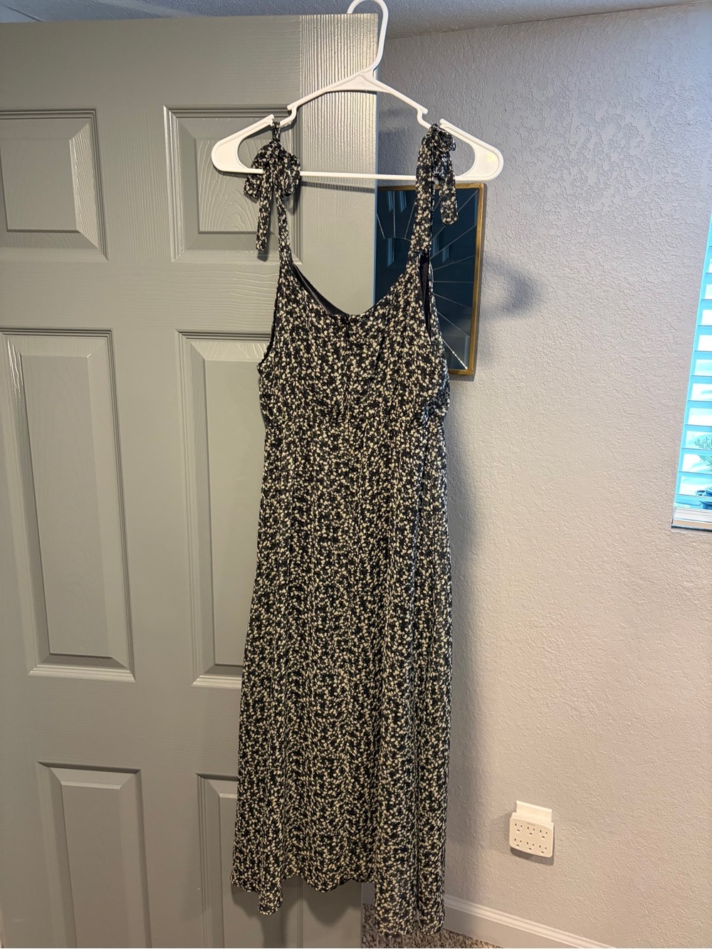 Tie-Shoulder Floral Midi Dress in Black and White Made in Korea